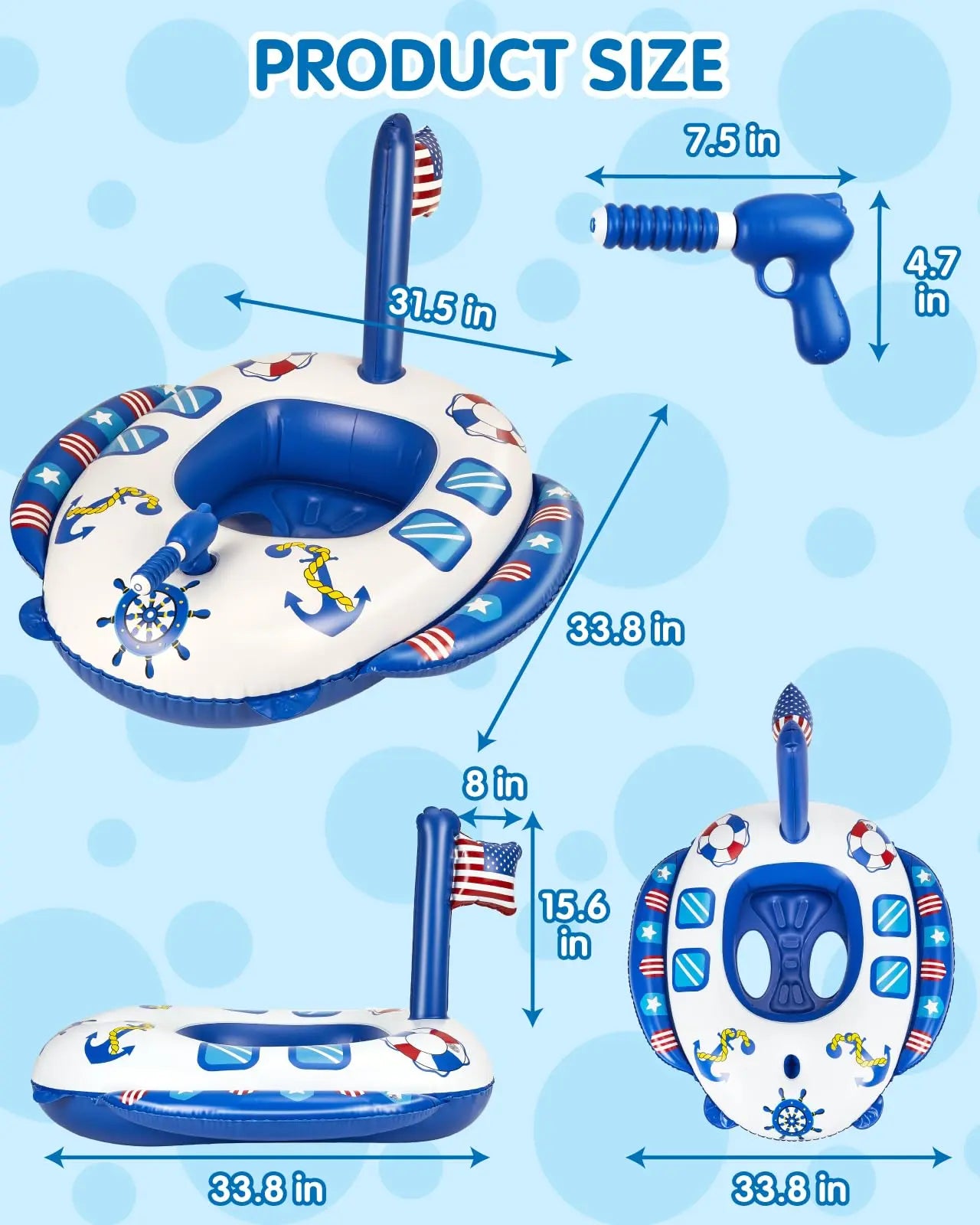 Product size dimensions for the 34x33 inch inflatable pirate ship pool float for kids ages 3-8.