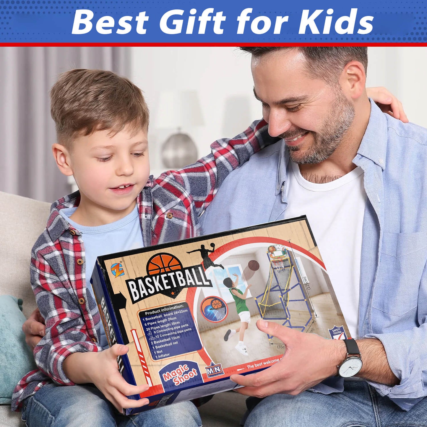 A child and an adult with the Gleamkid basketball hoop soccer game toy box, showcasing it as an ideal gift for kids.