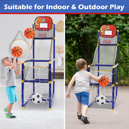 Children playing with the Gleamkid 2 in 1 basketball hoop soccer game toy indoors and outdoors,
