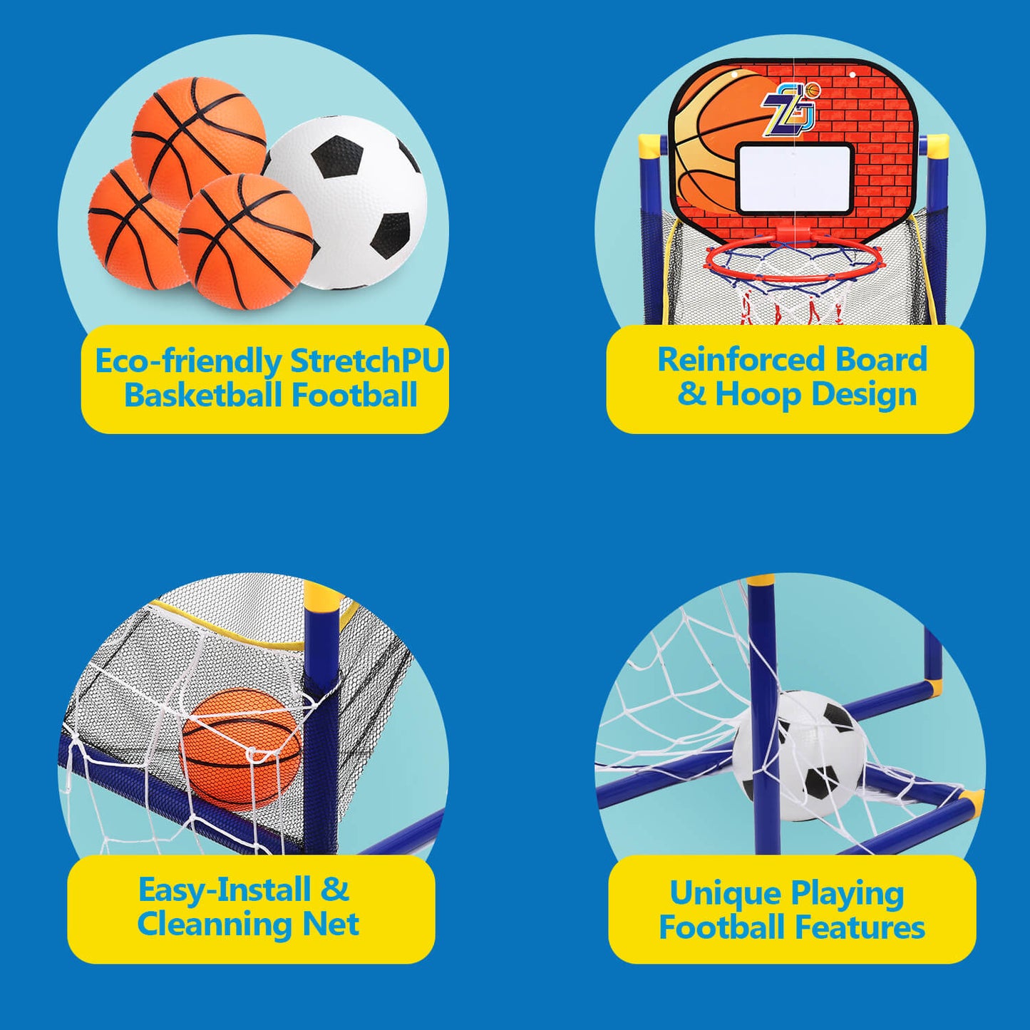 Key features of the Gleamkid basketball hoop soccer game toy, including eco - friendly balls, reinforced board, easy   install net, and unique soccer features.