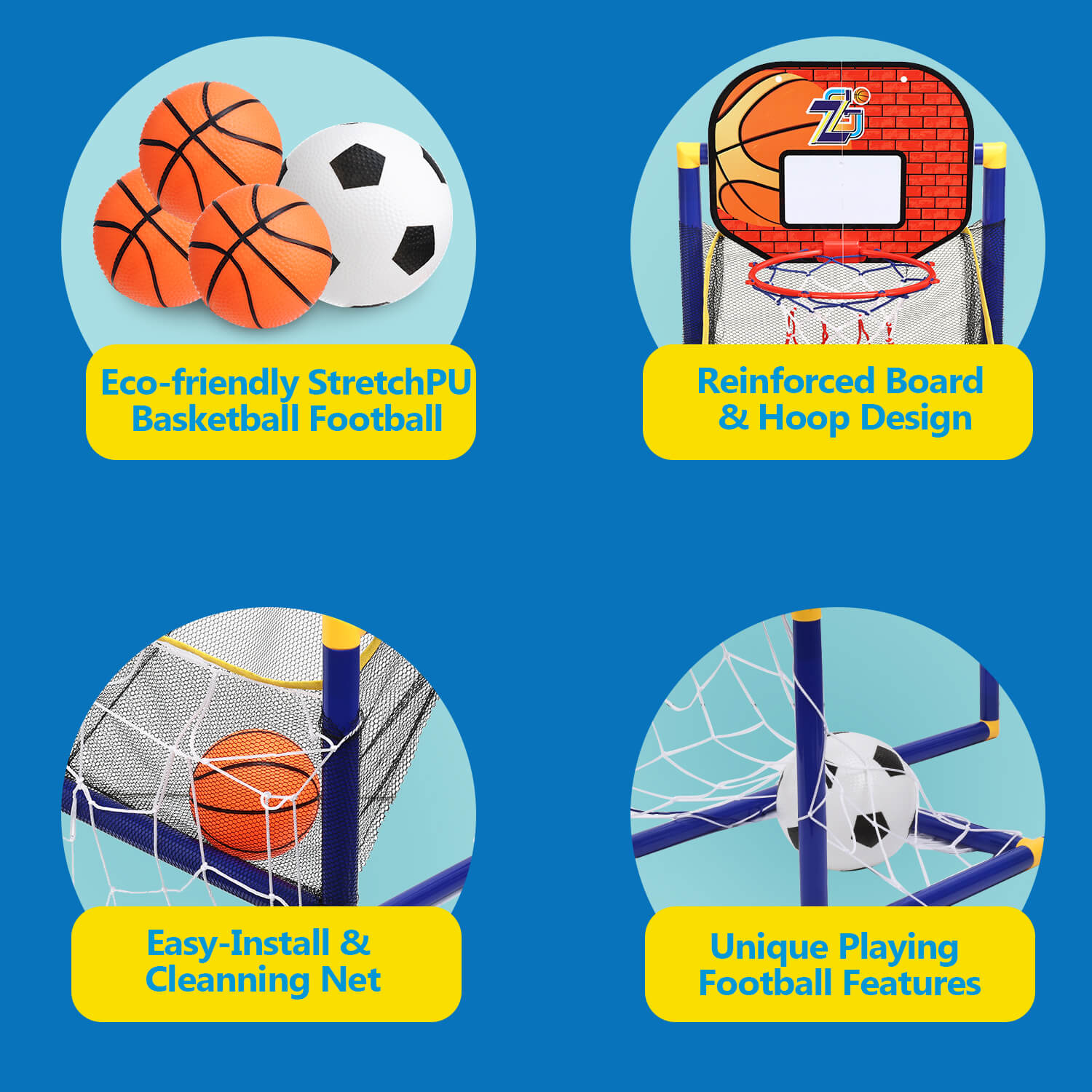 Key features of the Gleamkid basketball hoop soccer game toy, including eco - friendly balls, reinforced board, easy   install net, and unique soccer features.