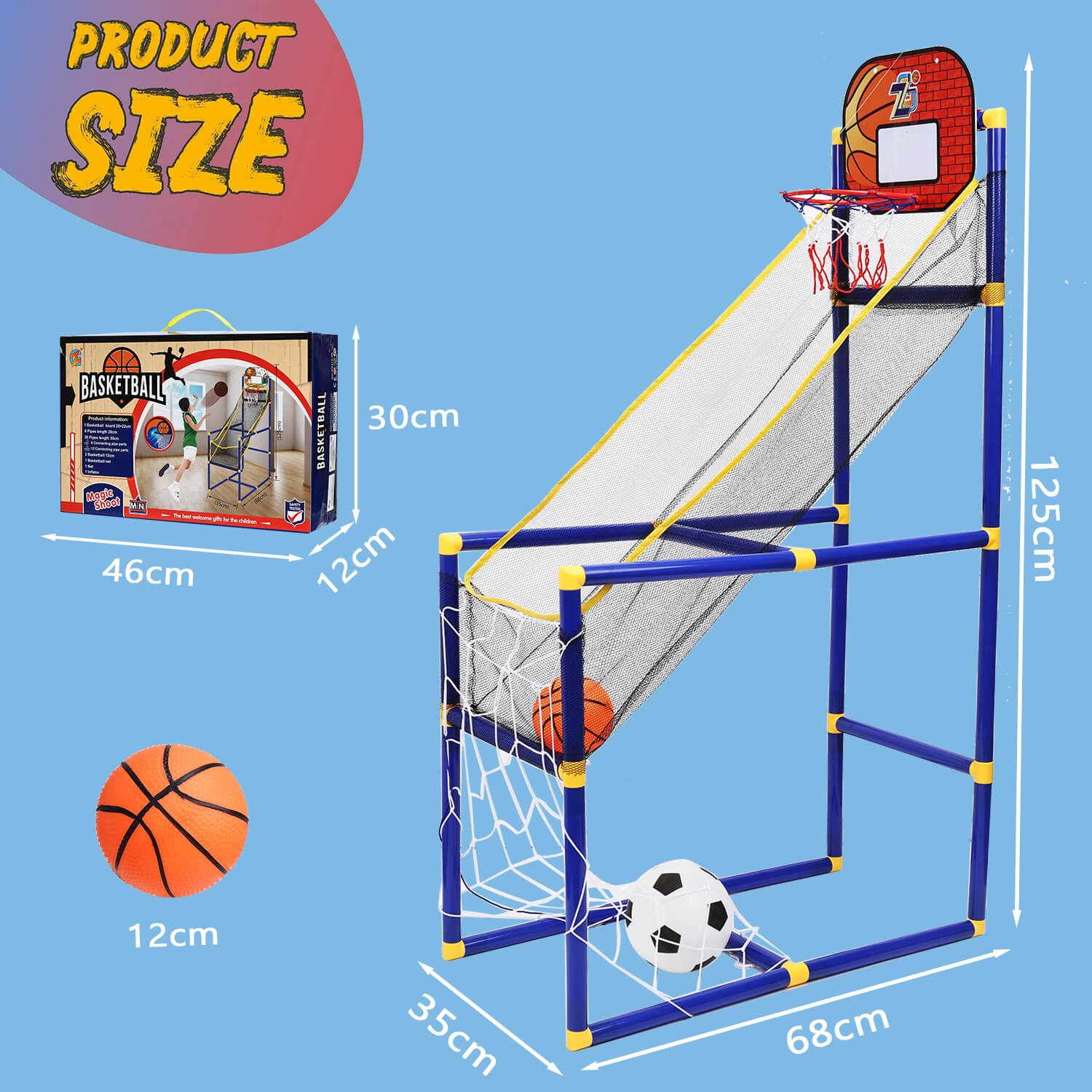 Product size details of the Gleamkid 2 in 1 basketball hoop soccer game toy, showing dimensions of the set, box, and balls.