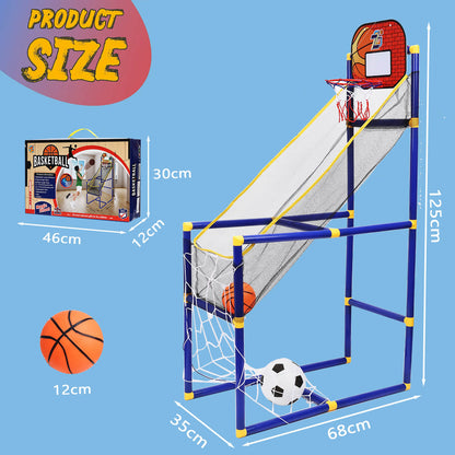 Product size details of the Gleamkid 2 in 1 basketball hoop soccer game toy, showing dimensions of the set, box, and balls.