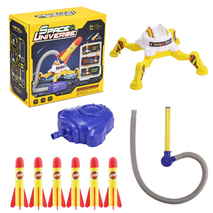 launcher, air pump, hose, and 6 colorful foam rockets.