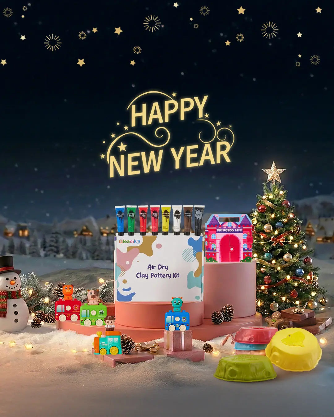 Gleamky New Year Sale featuring the Air Dry Clay Pottery Kit and toy trains as perfect educational gifts for kids.