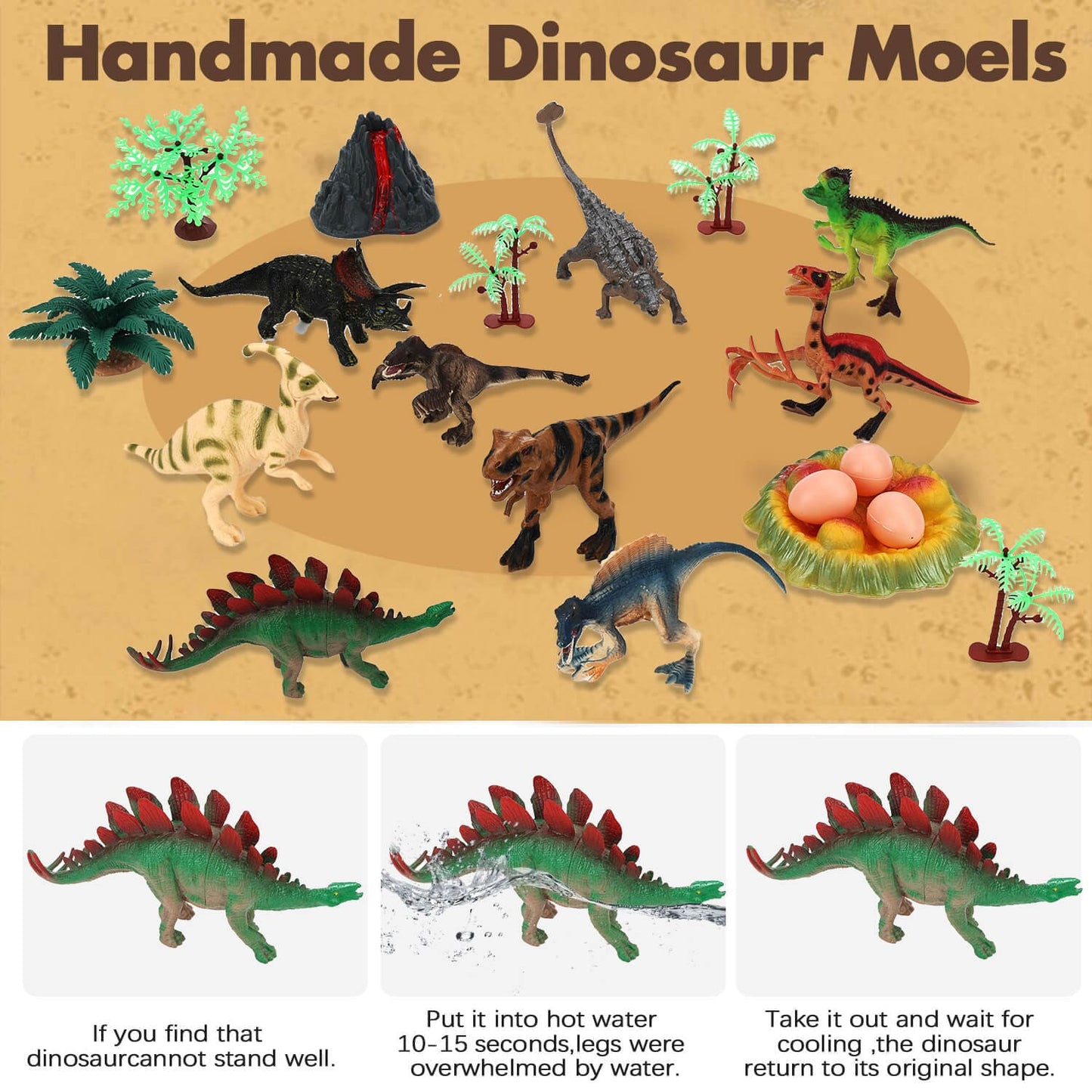 Gleamkid Anpro handmade dinosaur models with a feature to reshape in hot water. Made of non-toxic PVC for safe play.