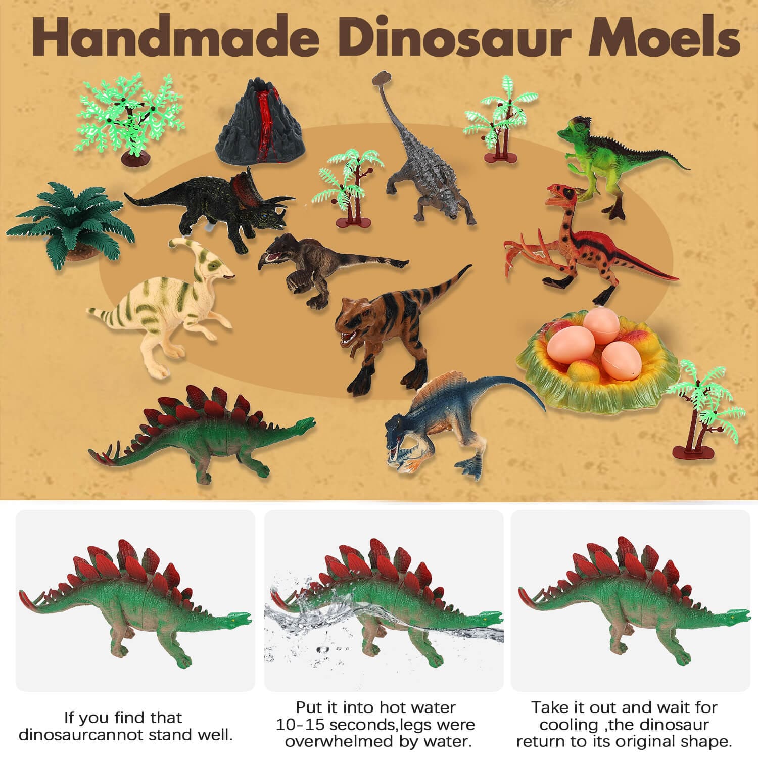 Gleamkid Anpro handmade dinosaur models with a feature to reshape in hot water. Made of non-toxic PVC for safe play.