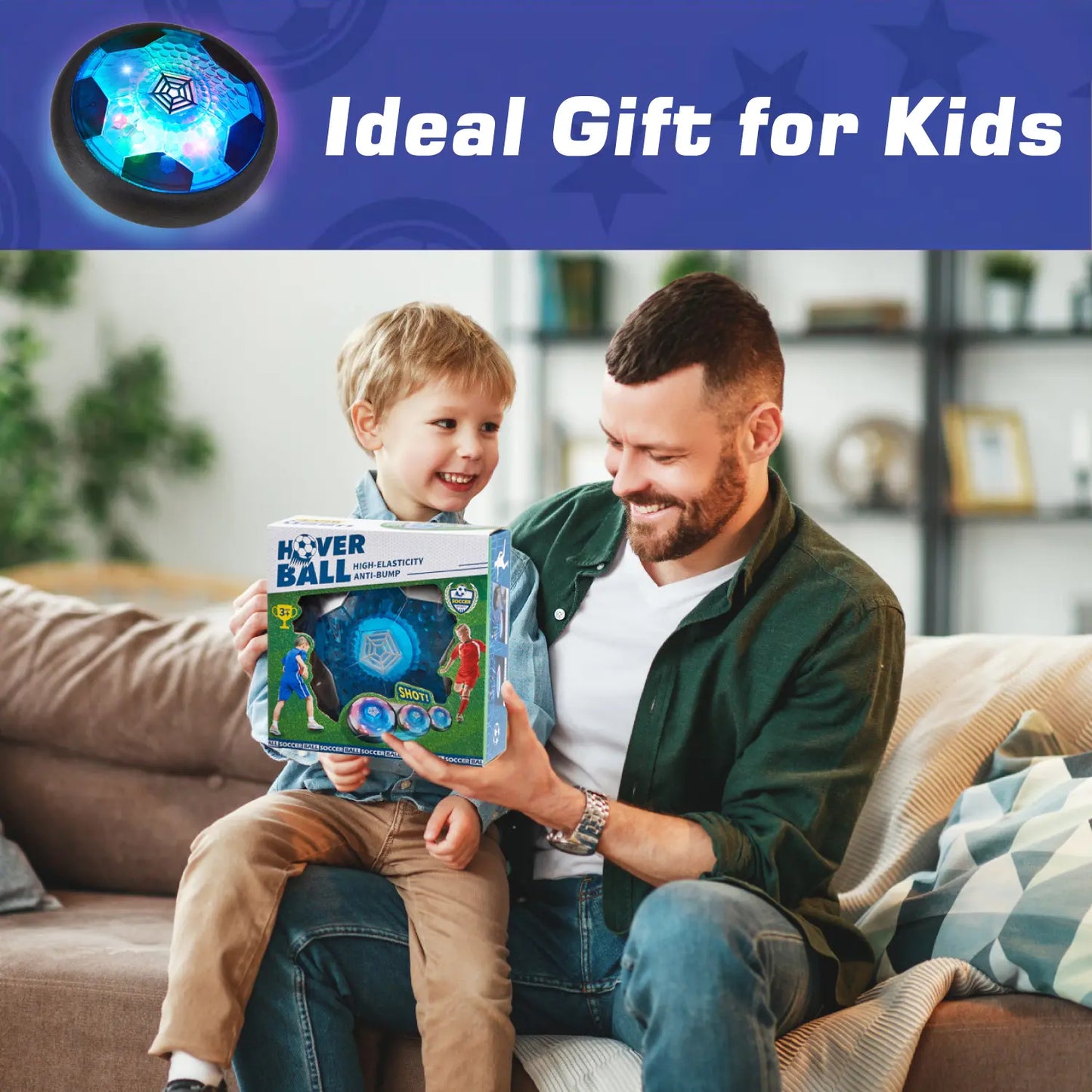 Father giving a hover soccer ball box to his happy son. An ideal birthday soccer gift for kids ages 3+.