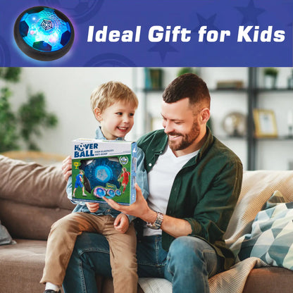 Father giving a hover soccer ball box to his happy son. An ideal birthday soccer gift for kids ages 3+.