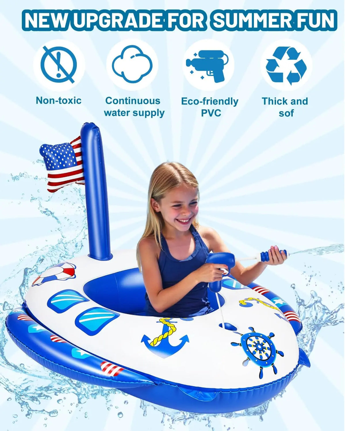 Inflatable Pool Boat Pirate Ship Pool Float | Inflatable Kids & Toddler Toy w/ Water Gun ...