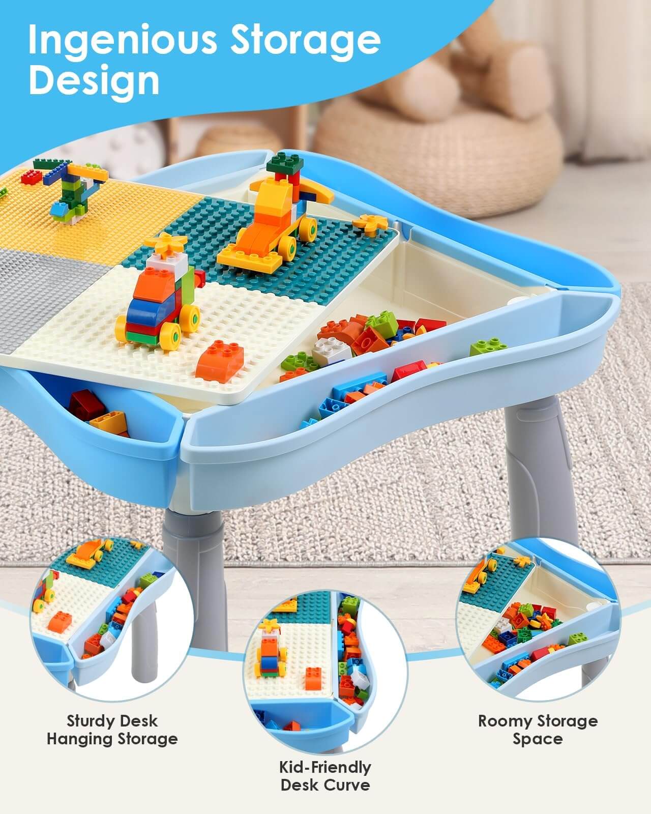 Multi-functional activity table with hidden storage compartments and hanging organizers