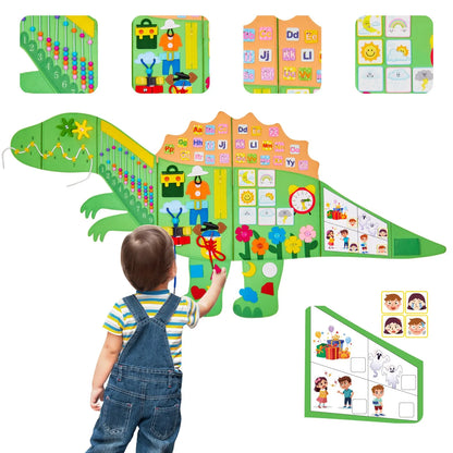 Child playing with a large dinosaur-shaped educational board with various educational elements.
