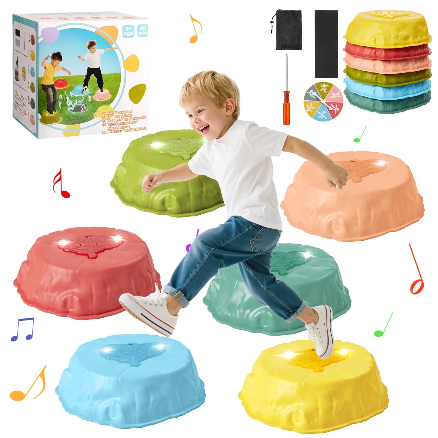 Happy kid jumping on the  Musical light up stepping stones kids set, enjoying the fun lights and sounds.
