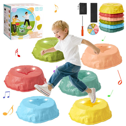 Happy kid jumping on the  Musical light up stepping stones kids set, enjoying the fun lights and sounds.