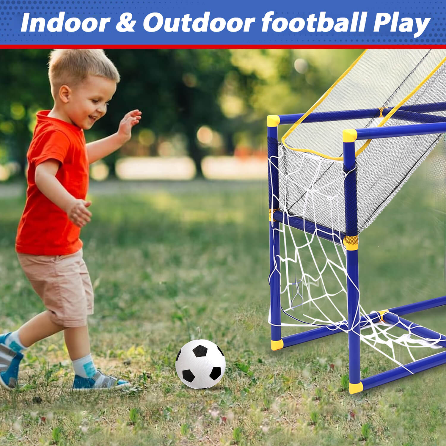 A child playing outdoor soccer with the Gleamkid basketball hoop soccer game toy