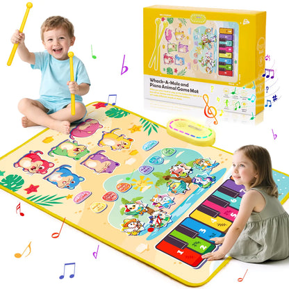 3-in-1 musical piano mat for toddlers, showing a boy playing whack-a-mole and a girl playing the piano, with product box.