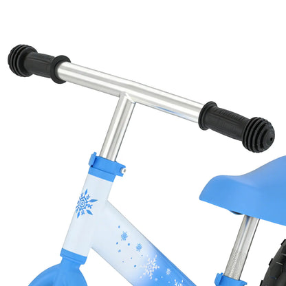 Toddler balance bike handlebar & frame detail, non-slip grip + Frozen snowflake decor, fits 2-5 years old’s usage habits.