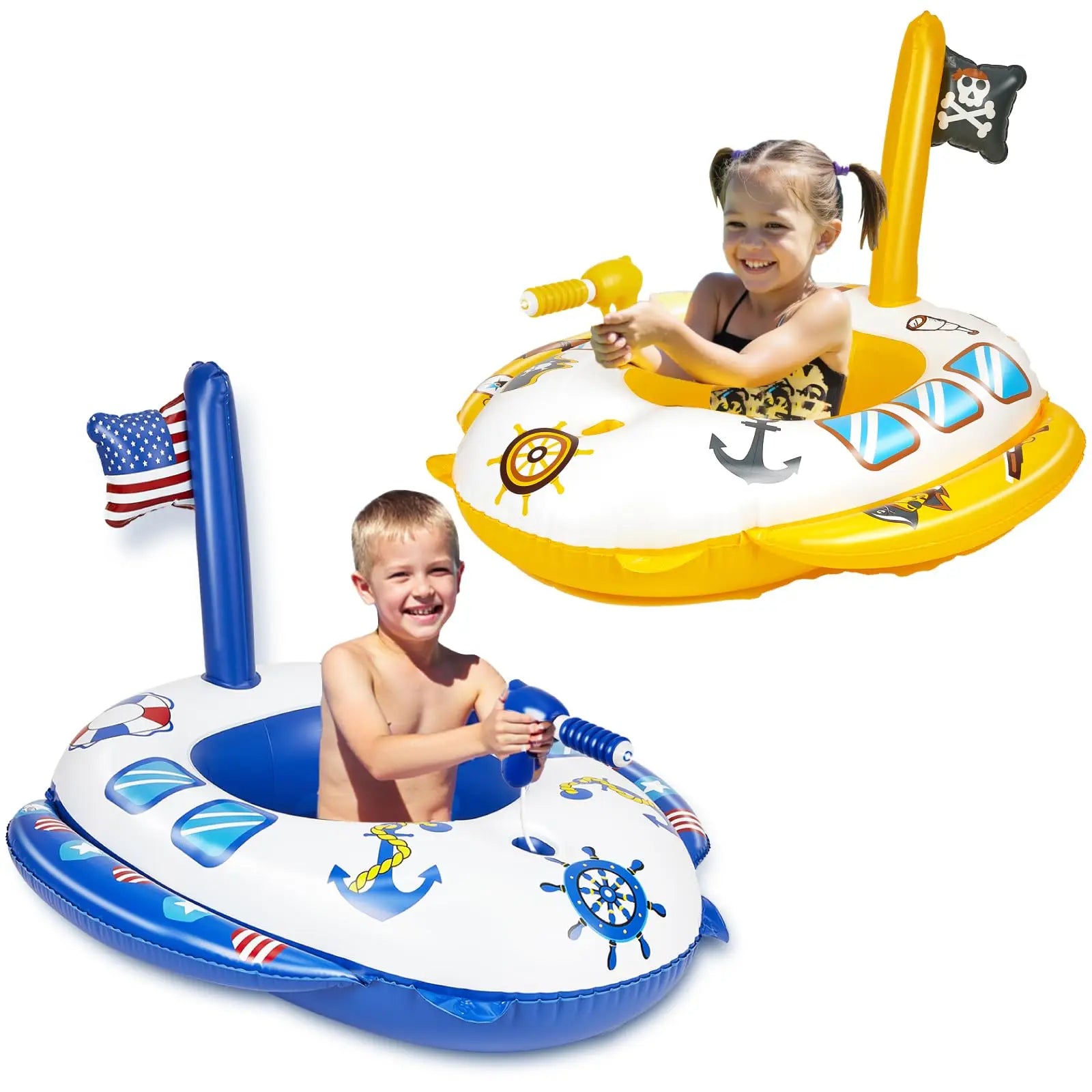 Kids pirate ship pool float with water gun. Blue and yellow pool floaties for toddlers 3-8.