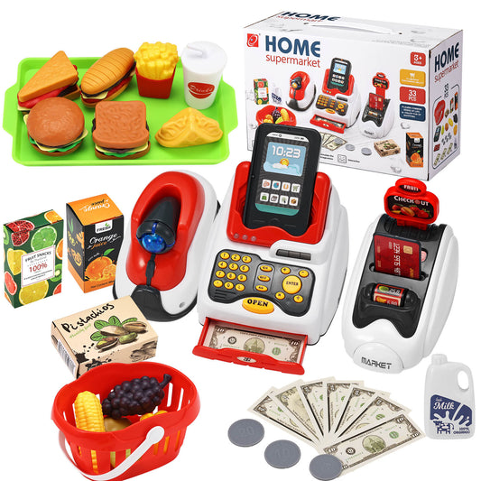Complete kids cashier toy with cash register, scanner, play food (burgers, fruits, etc.), money, and accessories for pretend shopping.