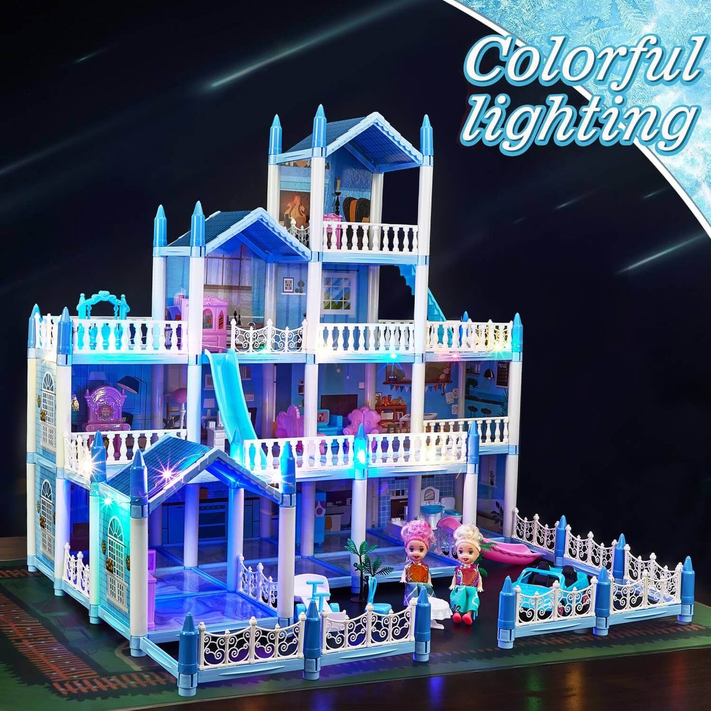 kids dollhouse illuminated with colorful lighting