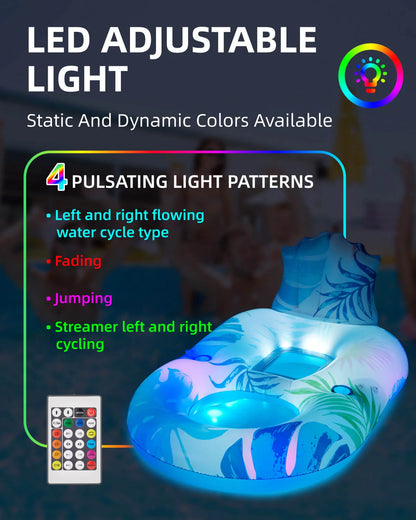 pool lounger float illuminated with remote-controlled LED lights showing 4 different pulsating patterns for night swims.
