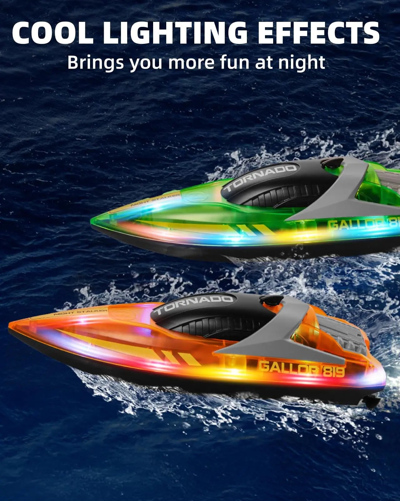The Gleamkid RC boats with cool LED lighting effects, perfect for exciting nighttime racing on the water.