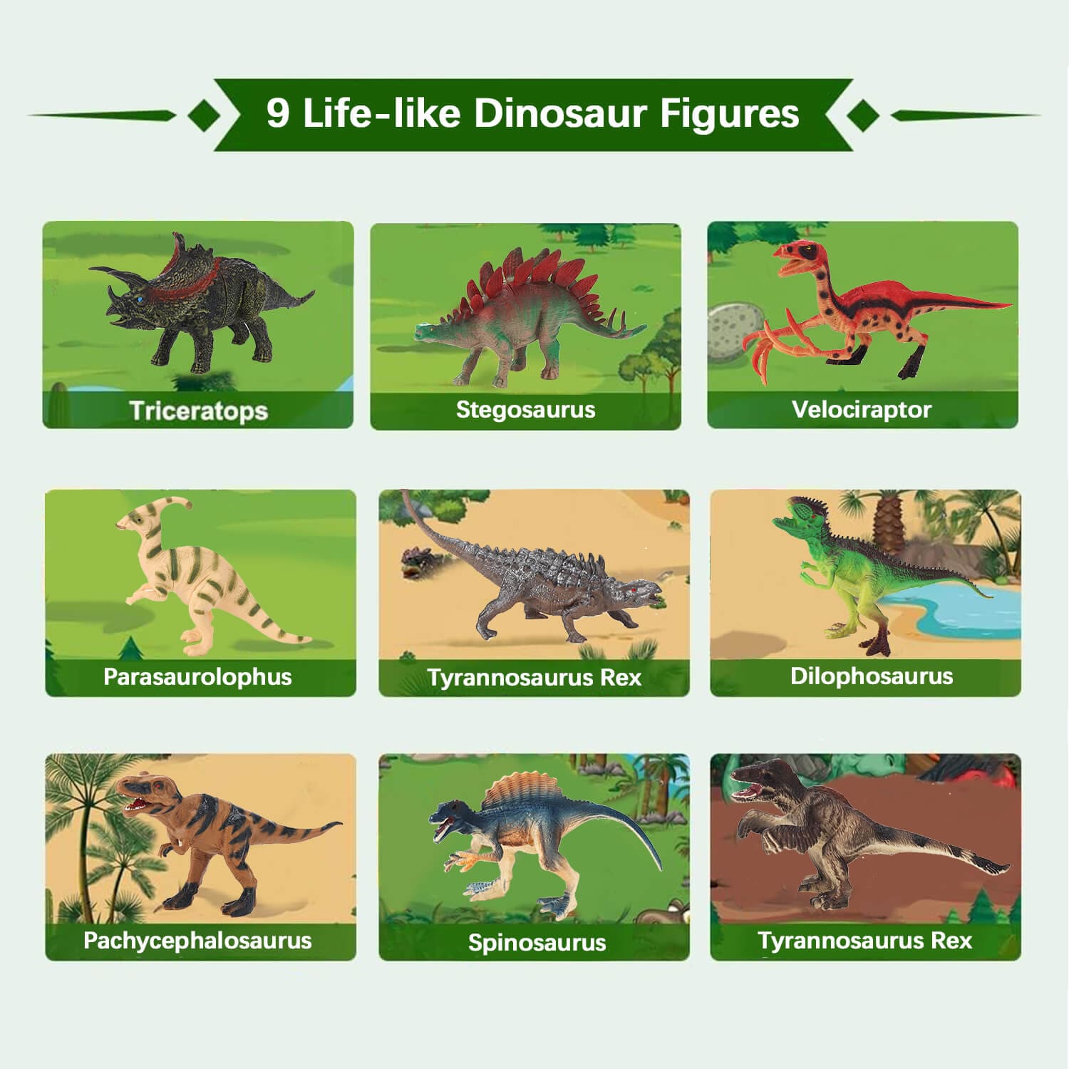 Anpro dinosaur play set with 9 life - like dinosaur figures such as Triceratops and Tyrannosaurus Rex.