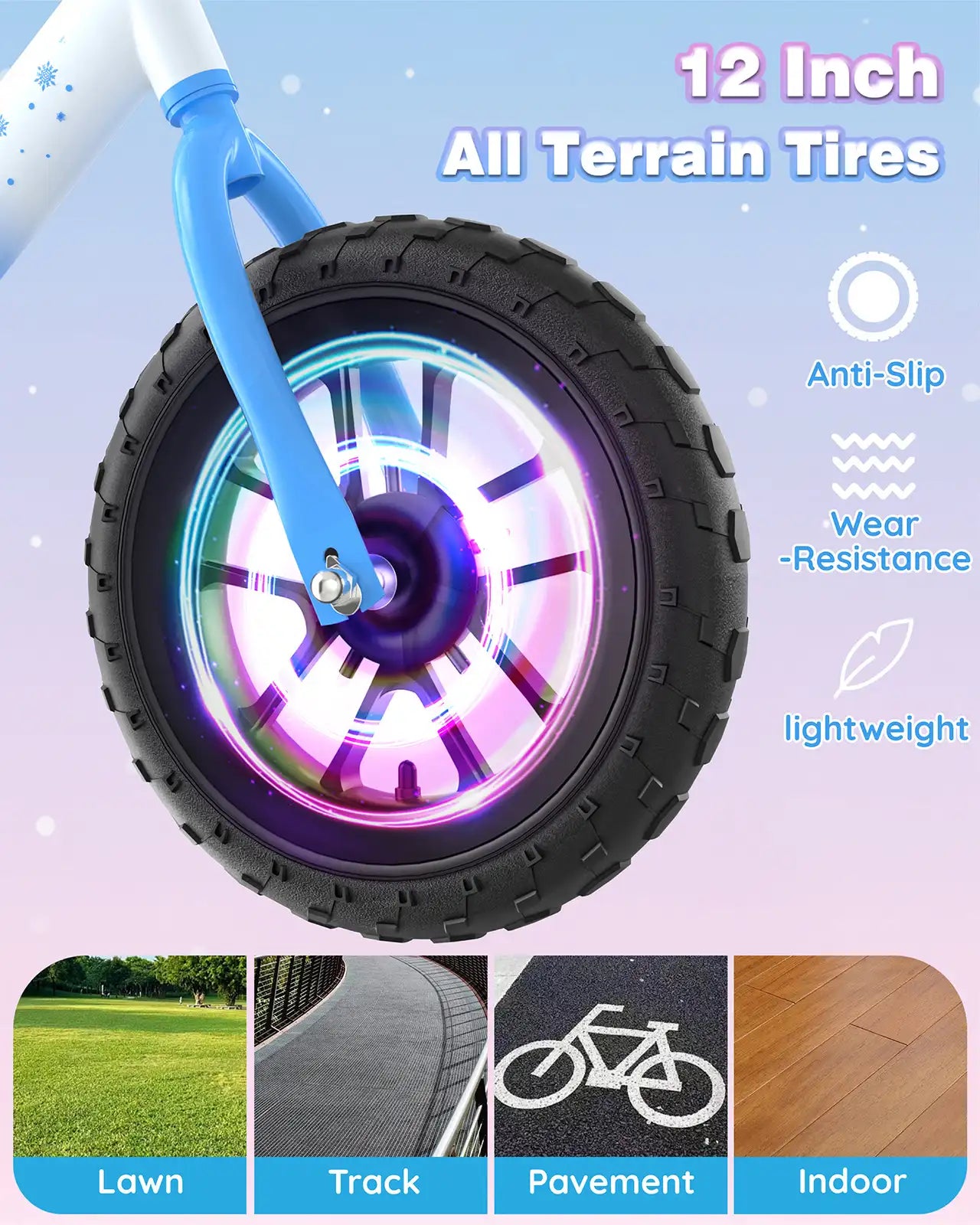 Close-up of the 12-inch light-up wheel on the balance bike, showing all-terrain tire tread and features.