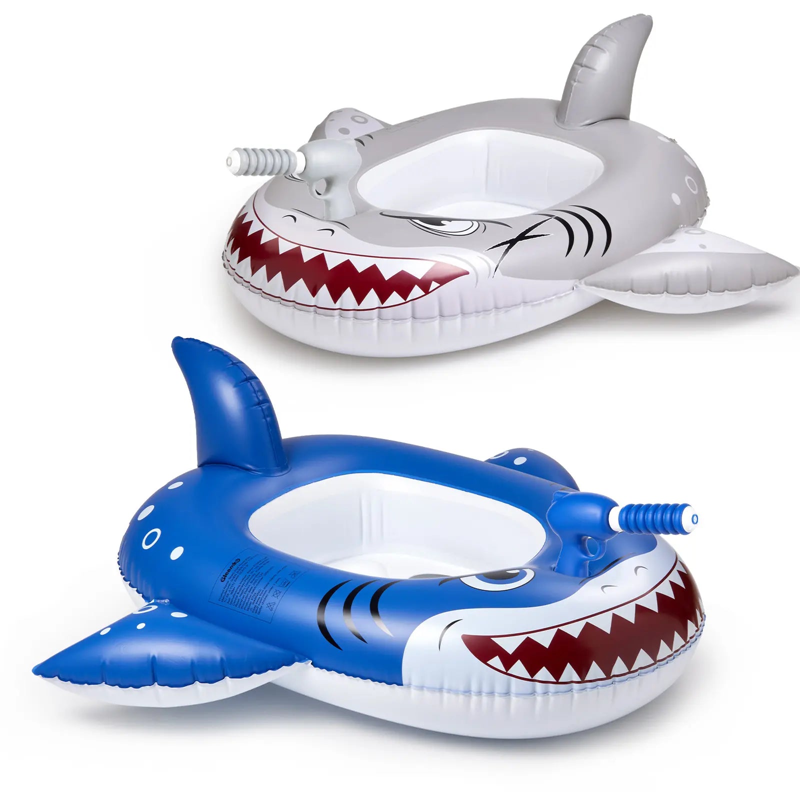 2-pack blue and silver inflatable shark pool floats with attachable water squirt guns.