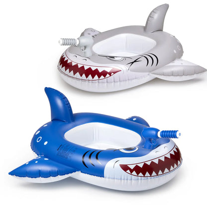 2-pack blue and silver inflatable shark pool floats with attachable water squirt guns.