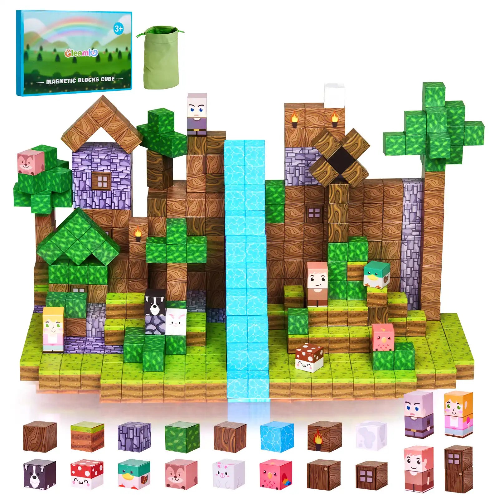126PCS magnetic building blocks set with storage bag. Features medieval forest castle theme, perfect for STEM play for kids 3+.