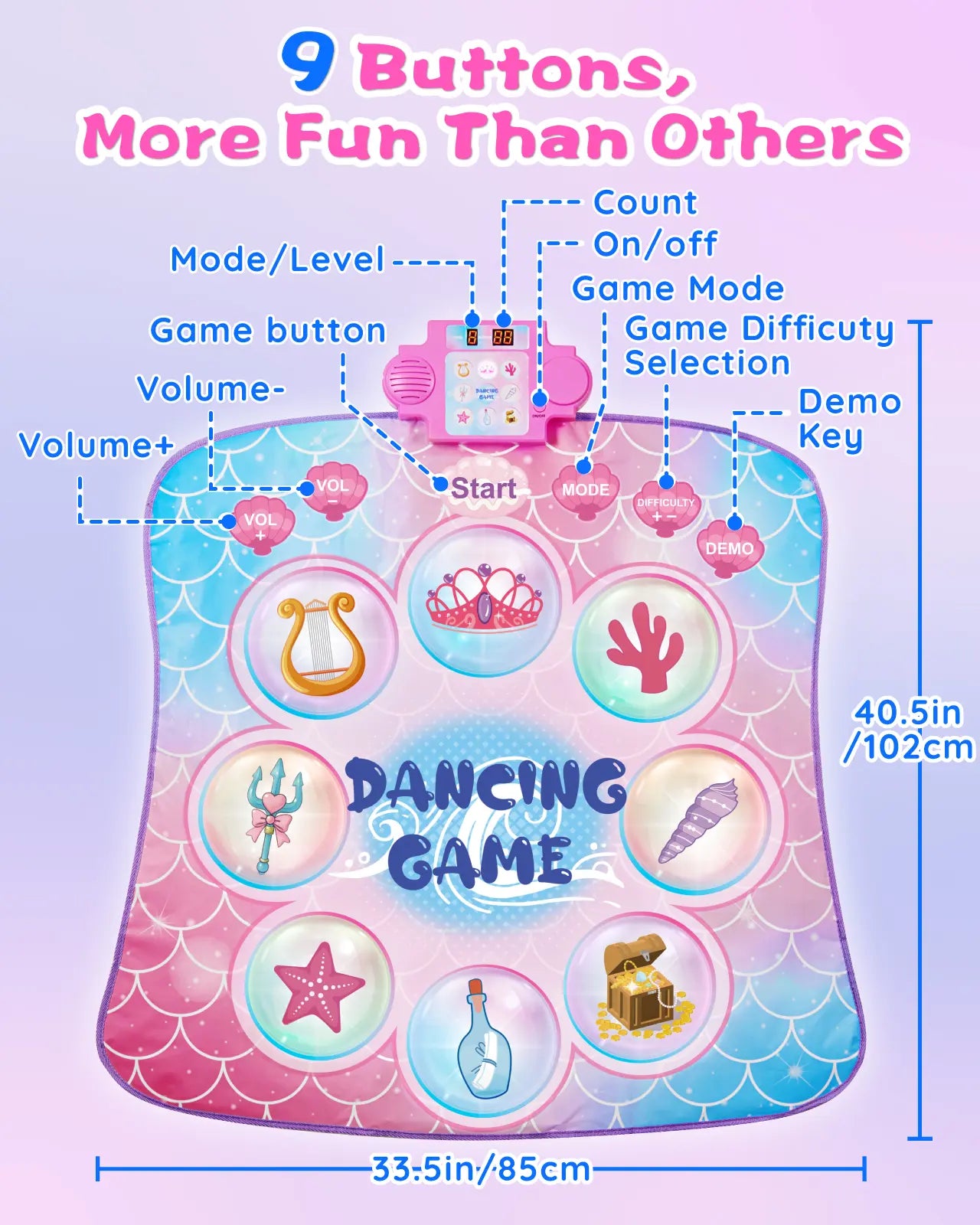 A top-down view of the pink mermaid dance mat, showing the 9 illustrated touch-sensitive buttons and the LED music box.