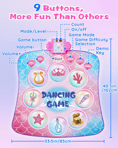 A top-down view of the pink mermaid dance mat, showing the 9 illustrated touch-sensitive buttons and the LED music box.