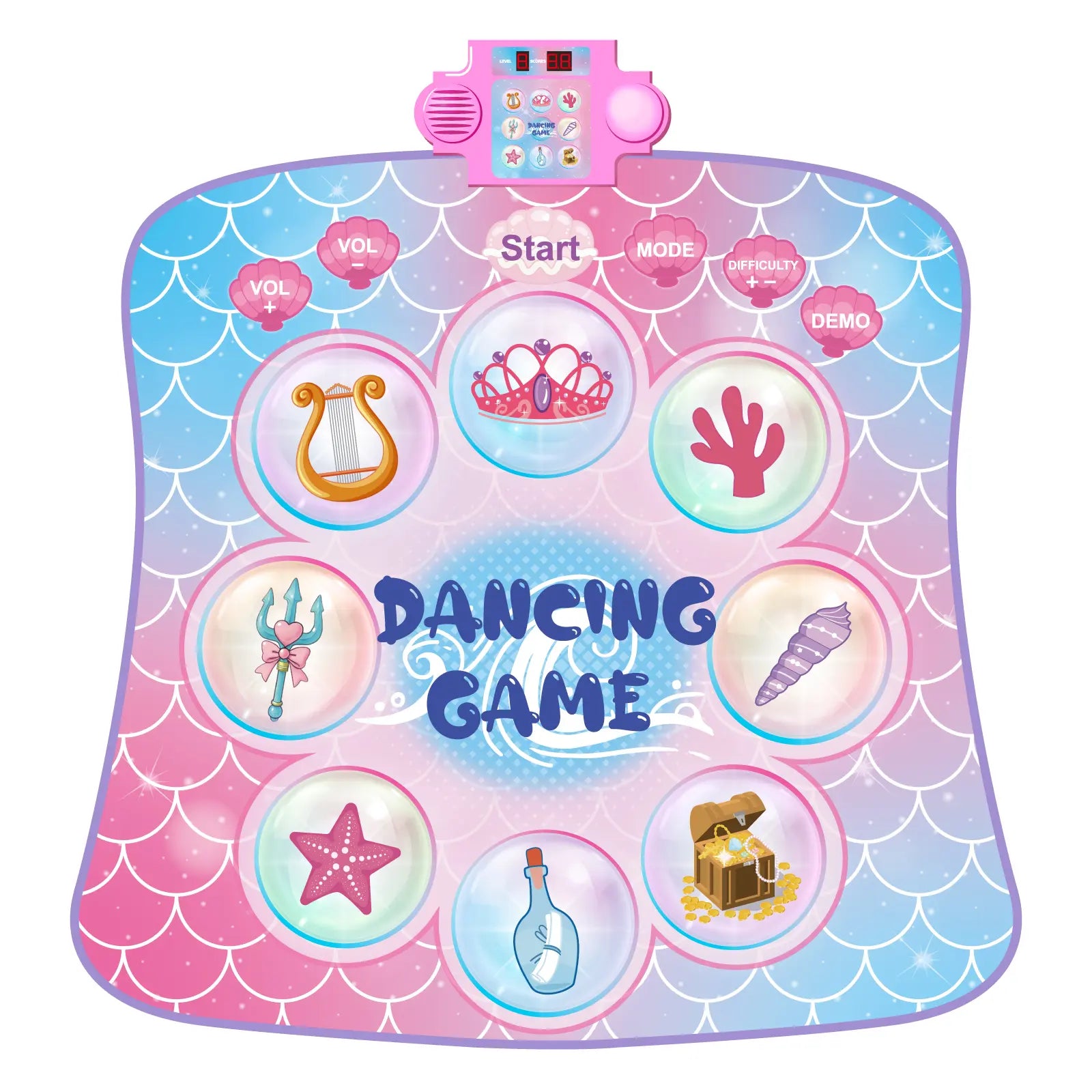Close-up of Mermaid Dance Mat with 9 ocean-themed buttons, LED control panel, it's an interactive dance pad for kids with multiple modes.