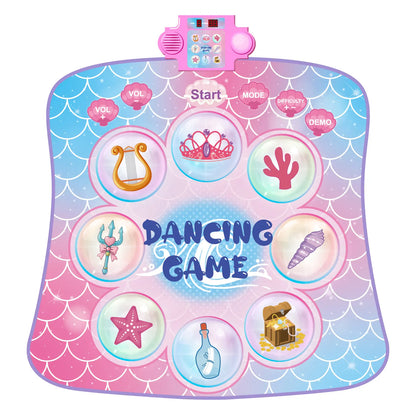 Close-up of Mermaid Dance Mat with 9 ocean-themed buttons, LED control panel, it's an interactive dance pad for kids with multiple modes.