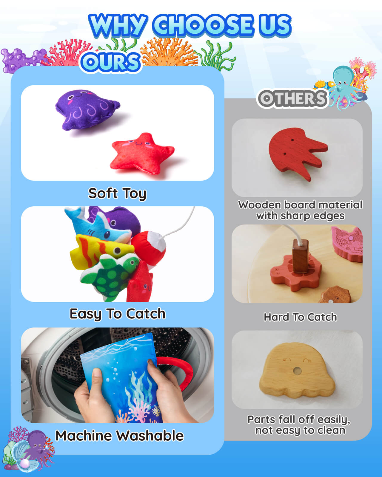 Montessori fishing toy advantages: soft material, easy to catch, machine washable compared to other toys.