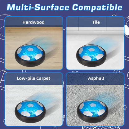 Floating soccer ball glides smoothly on multi-surface floors like hardwood, tile, and low-pile carpet.