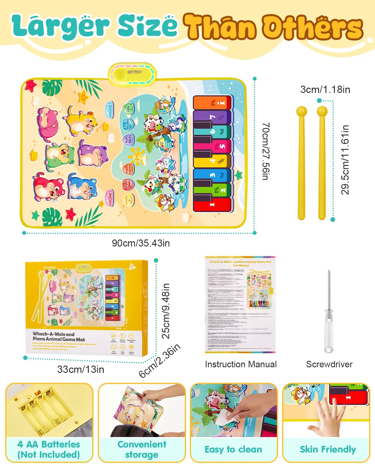 Large 35.5x27.5 inch kids piano mat dimensions, showing package contents (hammers, manual) and features (easy clean, skin-friendly)