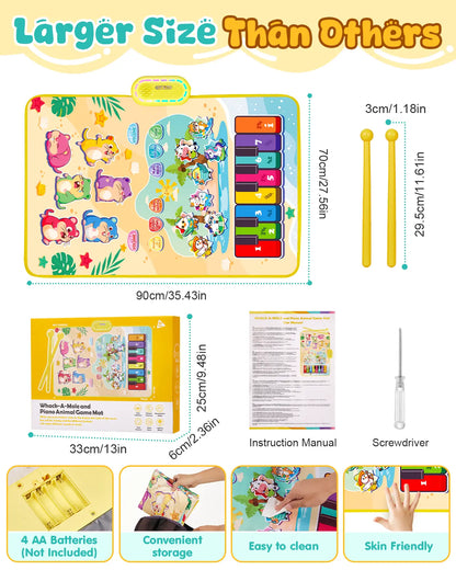 Large 35.5x27.5 inch kids piano mat dimensions, showing package contents (hammers, manual) and features (easy clean, skin-friendly)