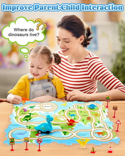 A mother and daughter improving interaction by playing with an educational dinosaur railcar puzzle playset together.