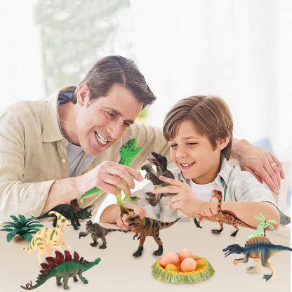 Parent and child playing with Anpro dinosaur toys, promoting bonding and hands on play. Realistic and durable toys.
