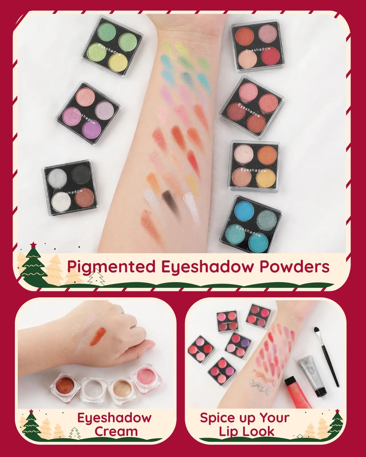 Arm swatches of pigmented eyeshadow, cream, and lip gloss from the Gleamkid 2025 makeup advent calendar for teens.