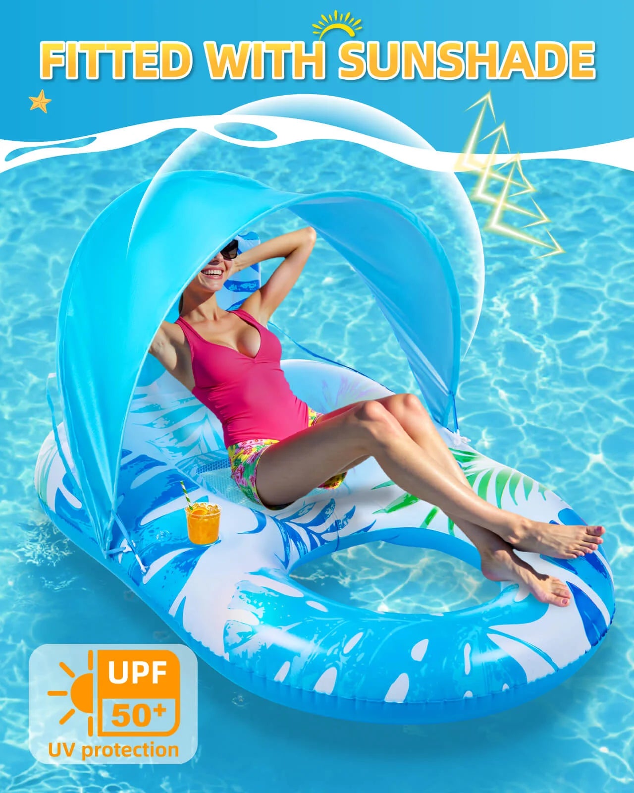 Woman relaxing in a blue pool lounger float fitted with a large UPF 50+ sunshade canopy for excellent UV protection.
