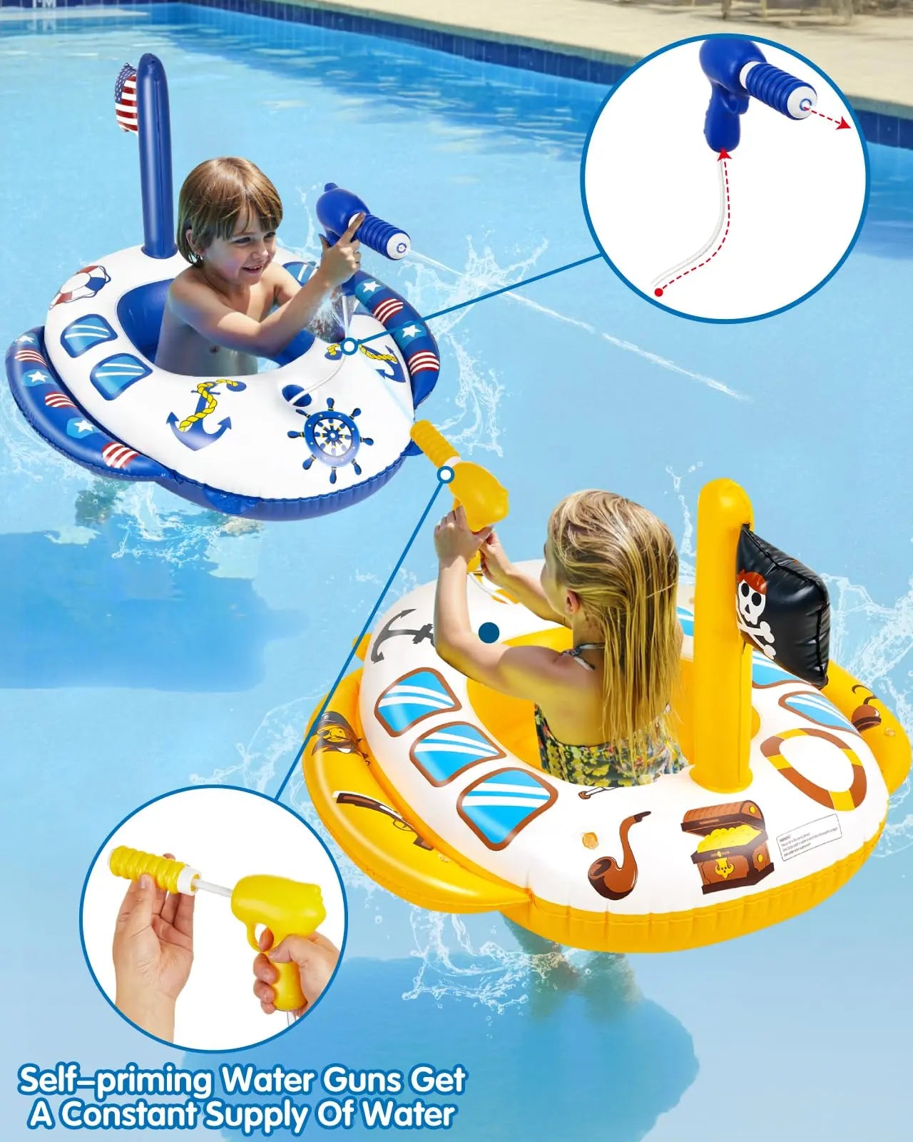 Close-up of the self-priming water gun on the toddler pool float, providing endless summer pool toy fun.
