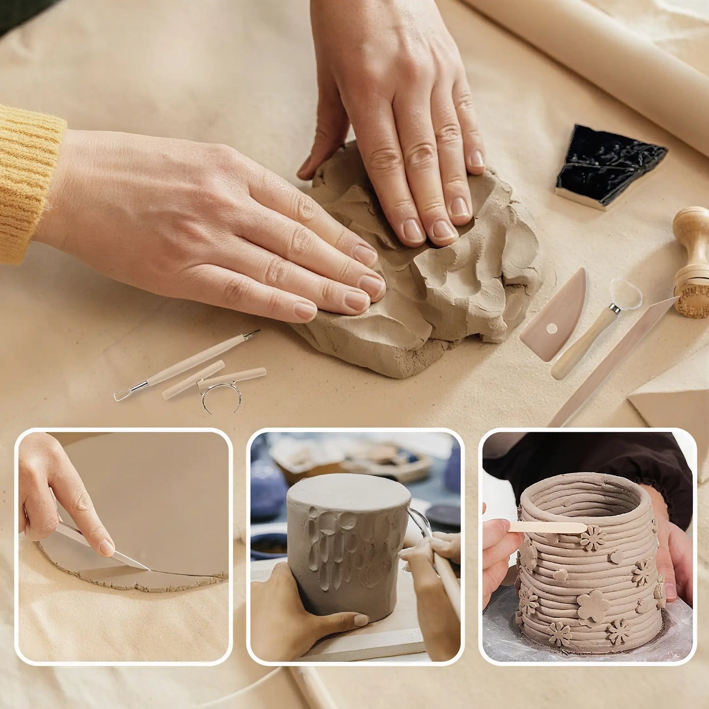 A demonstration of the precision clay tools included in the pottery kit for beginners to cut and carve clay.