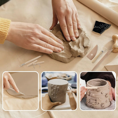 A demonstration of the precision clay tools included in the pottery kit for beginners to cut and carve clay.