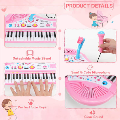 Product details of a pink 37 keys piano toy, including detachable music stand, small cute microphone, perfect size keys, and clear sound.