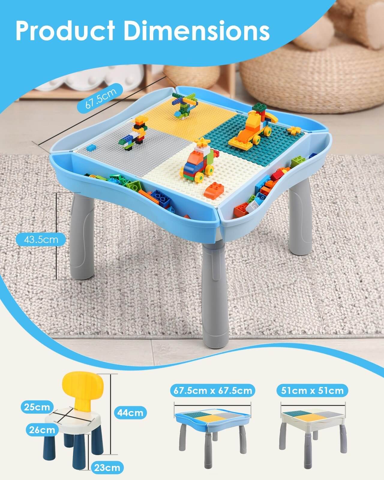Product dimensions of the Kids Activity Table and Chair Set