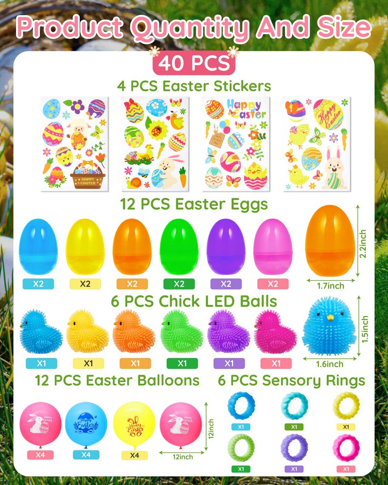 Product quantity and size of 40PCS Prefilled Easter Eggs
