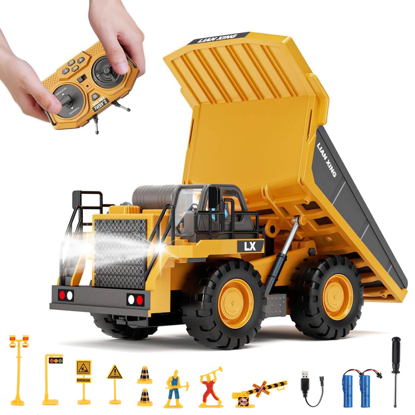 Gleamkid 9 channel remote control dump truck with accessories like traffic signs, workers, and batteries. 